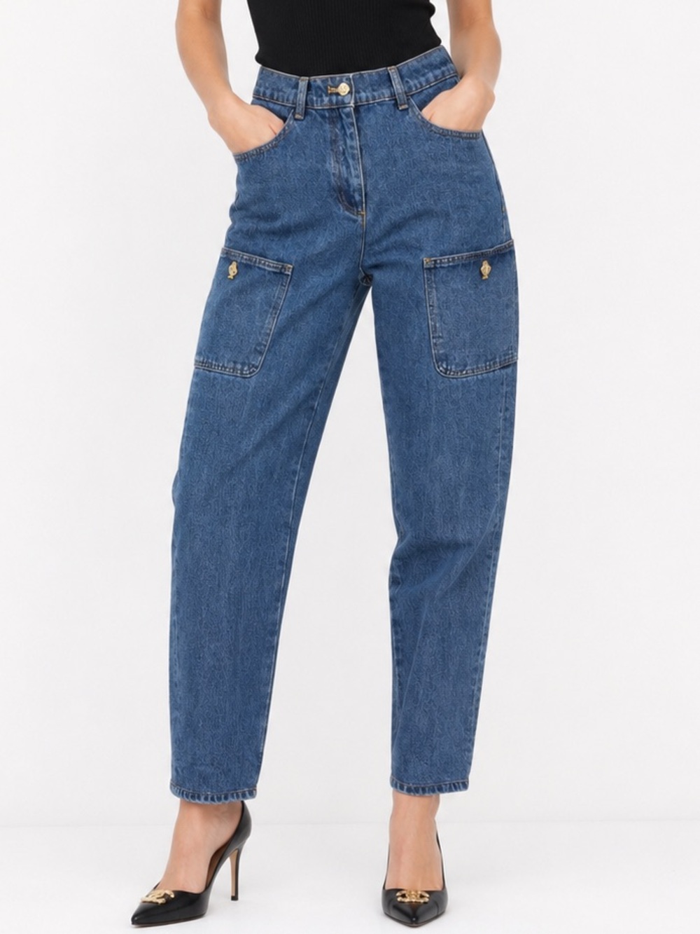CHANEL High Rise 90s Denim Jeans with Gold CC Buttons rhinestones tapered gems